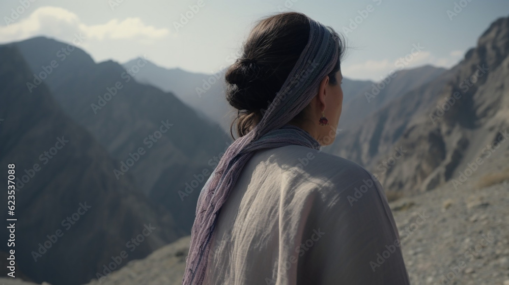 ai generative back view of arabic woman with a wild mountain as background 
