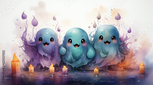 A very cute little blue Halloween Ghost creatures. Panoramic banner. Generative AI.