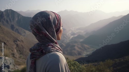 ai generative back view of arabic woman with a wild mountain as background  photo