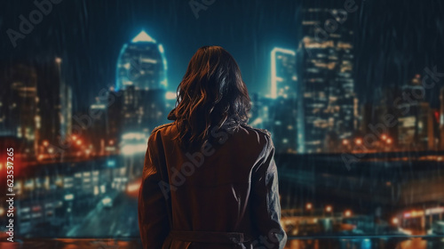 ai generative cinematic scene back view of a young woman with a rainy city as background