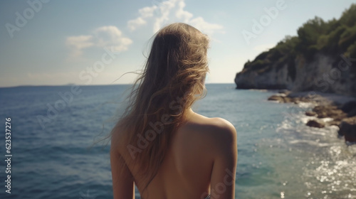 ai generative back view of a young woman in front of the see as a free and adventure person  © nanihta