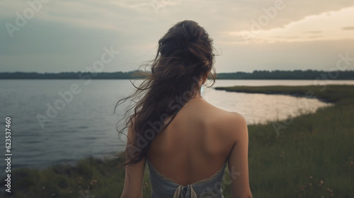 ai generative back view of a young woman in front of the see as a free and adventure person 