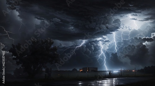 A stormy sky filled with dark  menacing clouds and flashes of lightning illuminated the scene