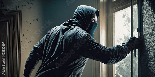 A burglar breaking a window for home theft - Generative AI
