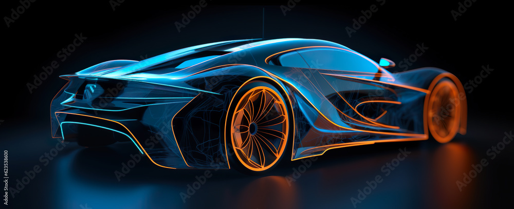 Fototapeta premium image of a futuristic blue sports car on a dark background, generated by AI