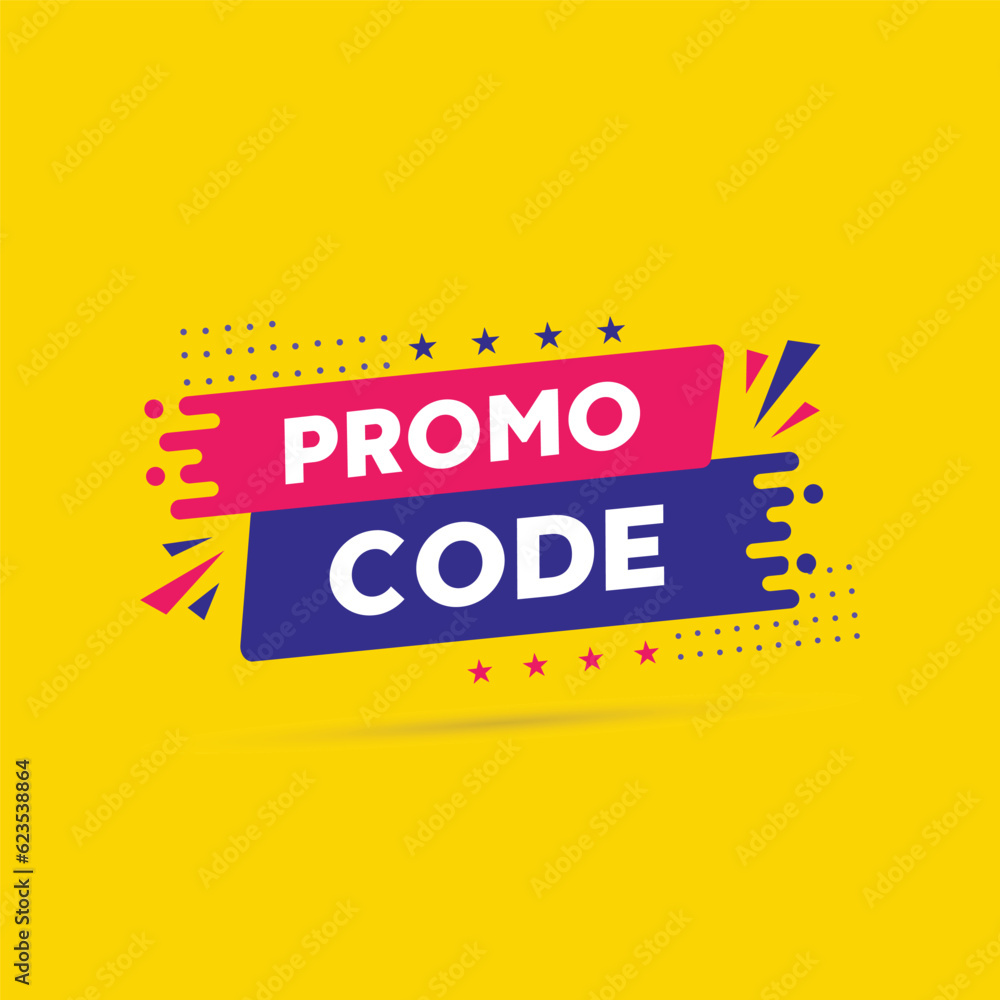 Promo code, coupon code label sign. Black and blue modern style sticker. Promo code, coupon code design yellow background.