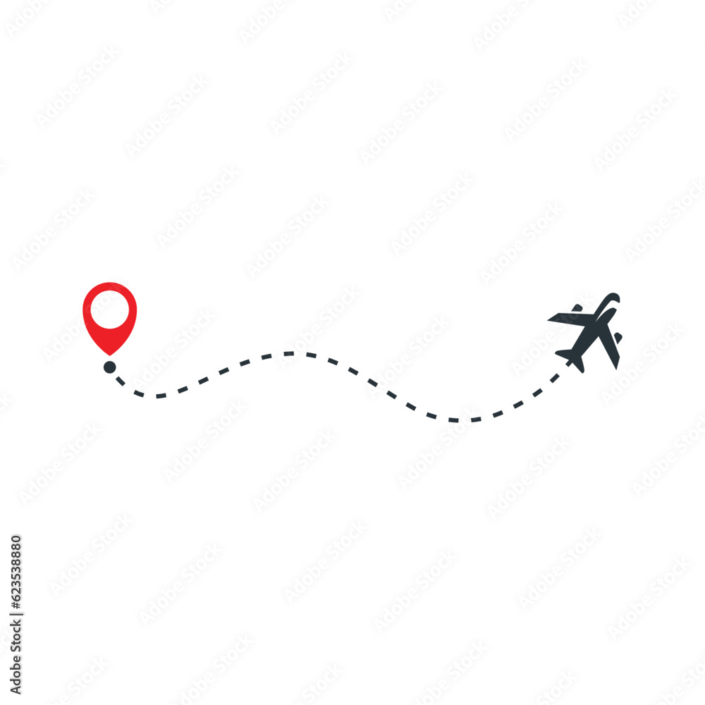 Airplane travel concept with map pins, GPS points. Line path icon Airplane travel concept with map pins, GPS points. Line path icon