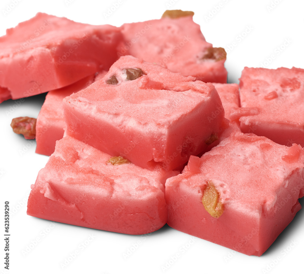 cubes of jelly pudding, close-up of delicious sweet dish made with fresh cream, condensed milk and strawberry jelly and spread prune isolated on white background, selective focus cubes of jelly pudding, close-up of delicious sweet dish made with fresh cream, condensed milk and strawberry jelly and spread prune isolated on white background, selective focus