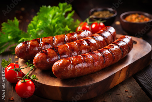 Barbecue sausage on wood table, the grill on background, barbecue party food, brazilian barbecue.