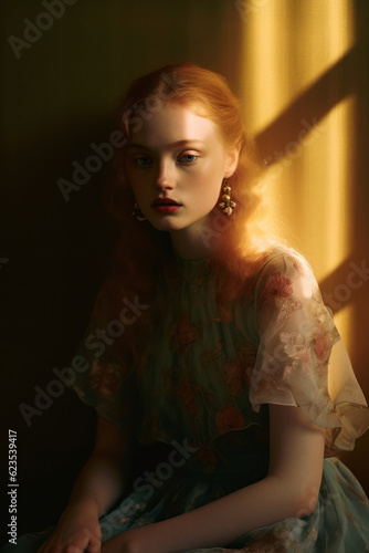 portrait of a woman/model/book character standing by a window in shadows with a thoughtful/sad expression in a fashion/beauty editorial magazine style film photography look - generative ai art