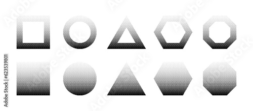 Geometric Shapes With Bitmap Pattern Dither Linear Gradient Vector Set Isolated On White Background. Square Circle Triangle Hexagon Octagon Figures With Retro 8 Bit Texture Design Elements Collection