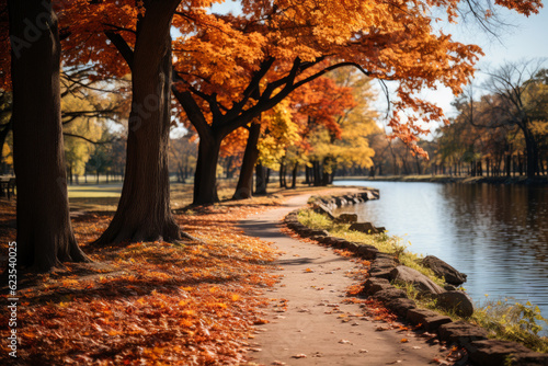Autumn forest landscape, orange golden foliage in park, fall wallpaper, AI Generated photo