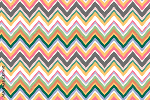 Chevron repeat pattern made of multicolored zigzags. Boho surface design for printing on fabrics. © Doodle Finch Designs