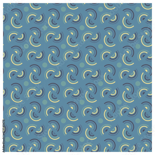 Seamless pattern of dark blue and yellow semi circle elements on marine blue background. Bauhaus style surface design for graphic design, printing and decoration.