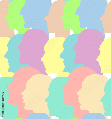 Seamless pattern of human profiles in soft yellow, blue, teal, orange and purple. Society faces silhouettes surface design.
