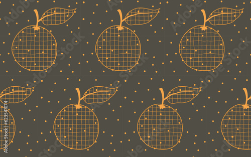 Endless textured orange fruit pattern on dark brown background. Orange shapes with gauze pattern overlay, original surface design for textiles and paper.