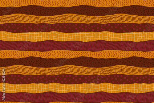 Surface repeat pattern of uneven textured orange, burgundy and brown stripes. Casually drawn ethnic background in African style for textiles and interiors.
