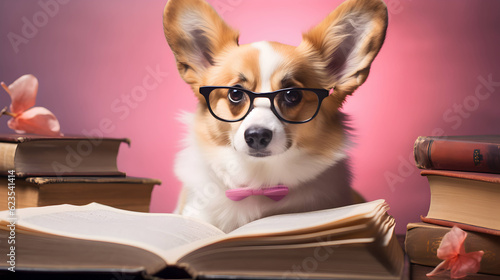 Cute corgi dog professor with pile of books on pink background. AI generated image. © yekaterinalim