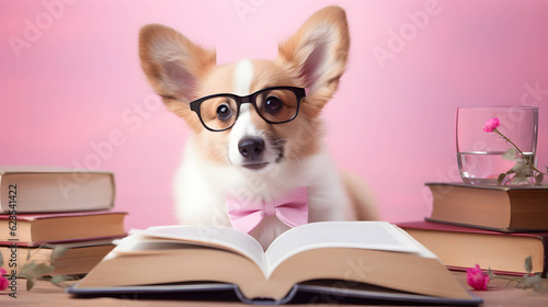Cute corgi dog professor with pile of books on pink background. AI generated image. © yekaterinalim