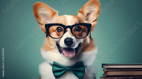 Cute corgi professor wearing glasses with pile of books. AI generated image. photo