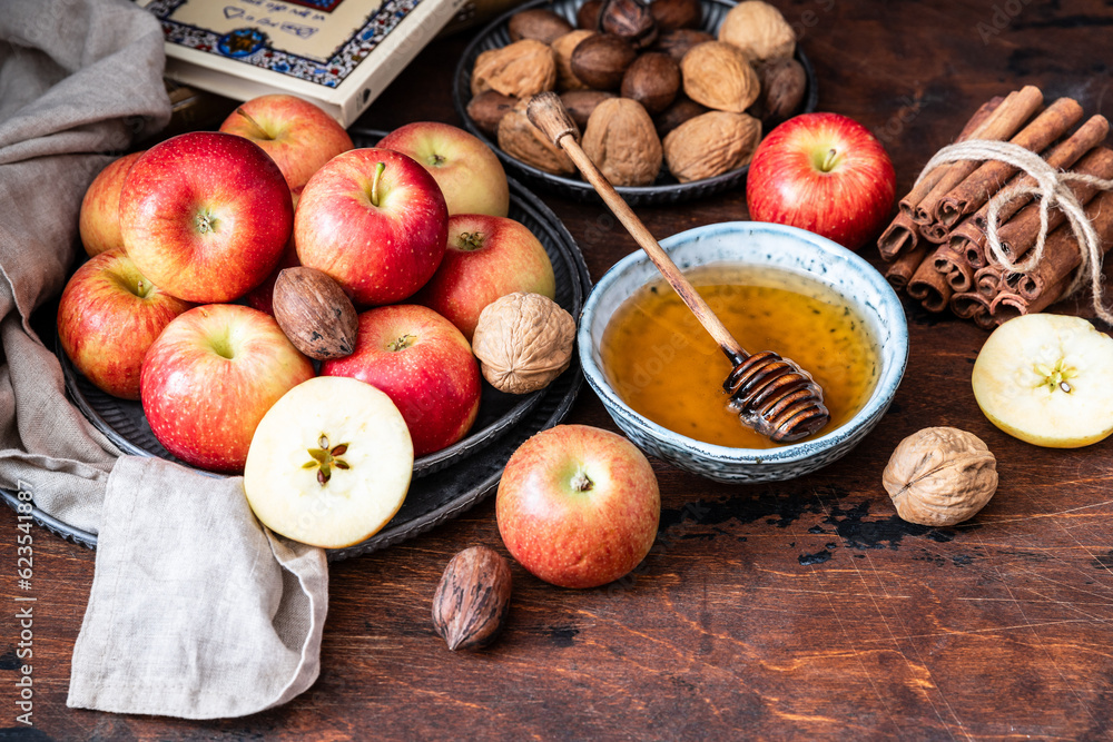 Honey, apple, table set with traditional food for Jewish New Year Holiday, Rosh Hashana Honey, apple, table set with traditional food for Jewish New Year Holiday, Rosh Hashana