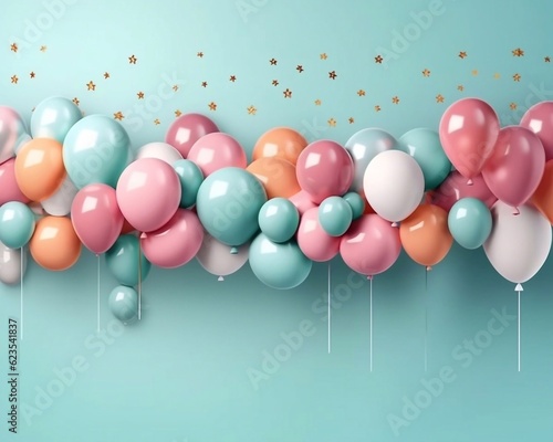 Birthday banner background with realistic 3d party decor. Airballs and giftboxes on green background  ai generated