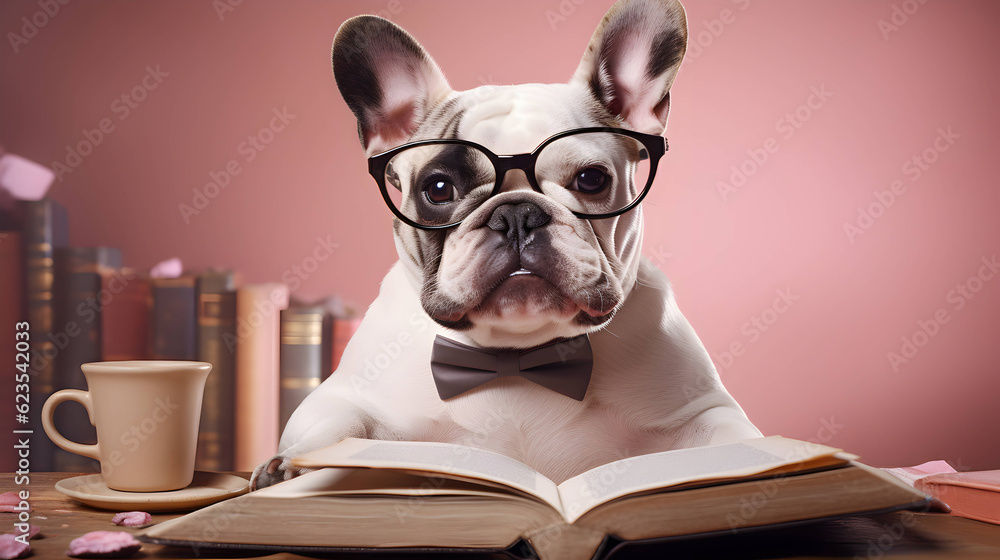 Cute french bulldog professor wearing glasses  with pile of books. AI generated image.