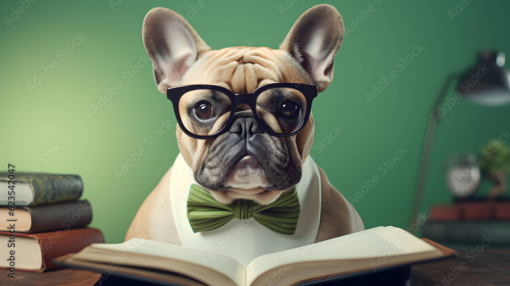 Cute french bulldog professor wearing glasses  with pile of books. AI generated image.