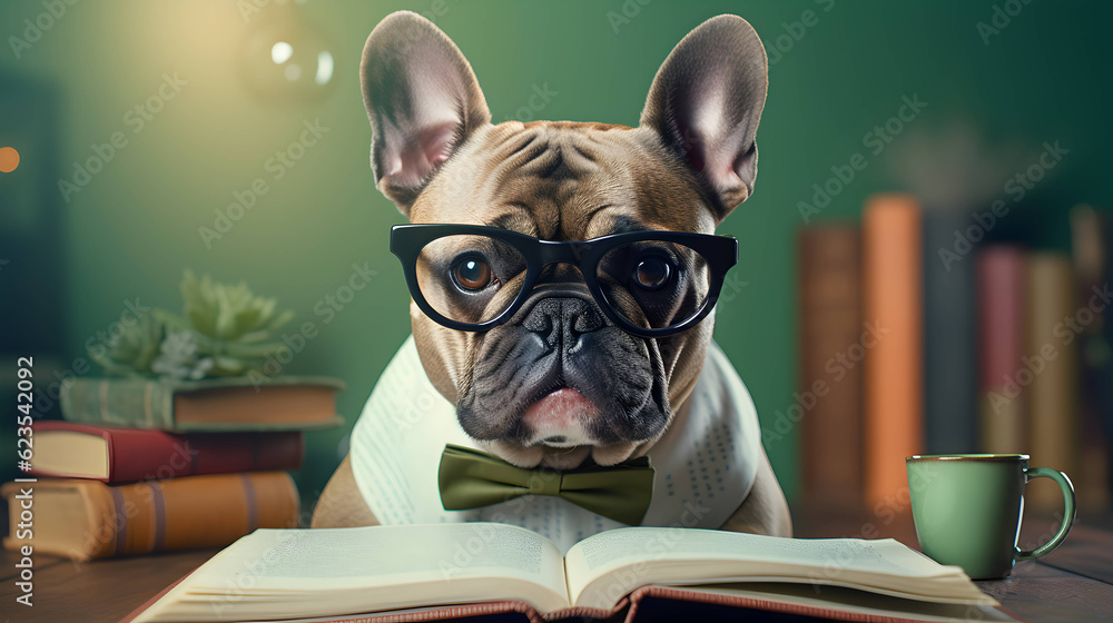 Cute french bulldog professor wearing glasses with pile of books. AI generated image. Cute french bulldog professor wearing glasses with pile of books. AI generated image.