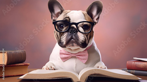 Cute french bulldog professor wearing glasses with pile of books. AI generated image.