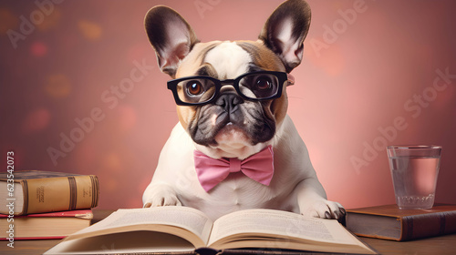 Cute french bulldog professor wearing glasses with pile of books. AI generated image.