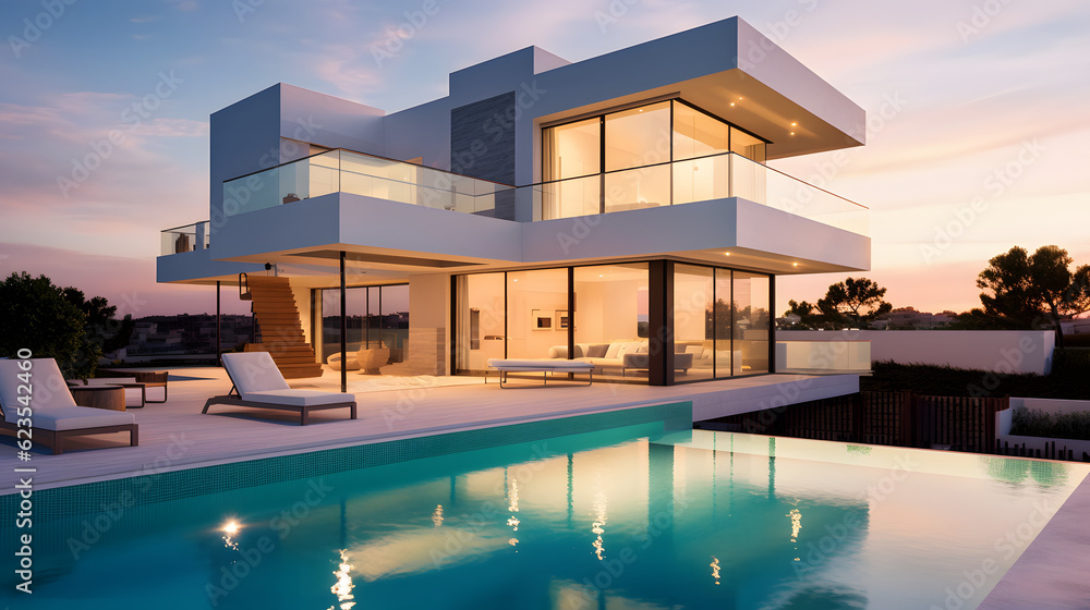 Exterior of modern minimalist cubic villa with swimming pool at sunset. - obrazy, fototapety, plakaty 