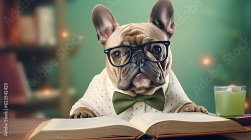 Cute french bulldog student wearing glasses, with pile of books. AI generated image.