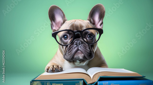 Cute french bulldog student wearing glasses, with pile of books. AI generated image.