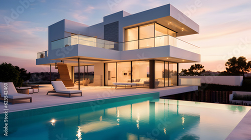Exterior of modern minimalist cubic villa with swimming pool at sunset. photo