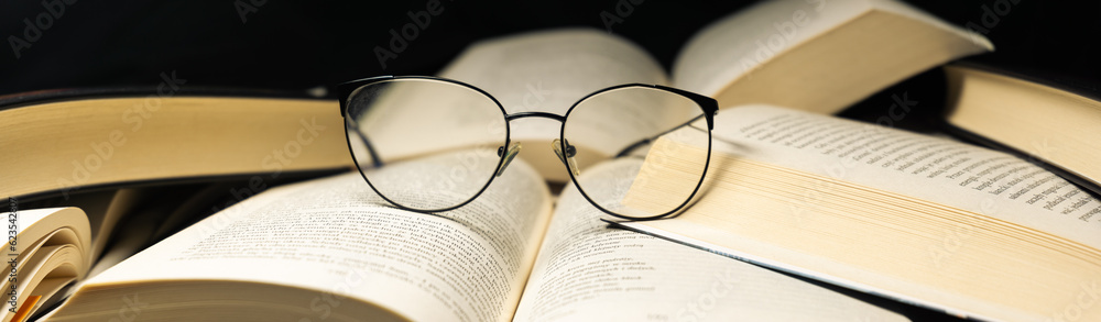 New paperback books, diary, fanned pages on wooden desk table and grunge background Daylight. Books stacking. Back to school. Copy Space. Education background, Reading background, glasses on book. New paperback books, diary, fanned pages on wooden desk table and grunge background Daylight. Books stacking. Back to school. Copy Space. Education background, Reading background, glasses on book.