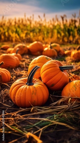 Wallpaper Mural Fresh ripe pumpkins on sunny farm field background. AI generated Torontodigital.ca