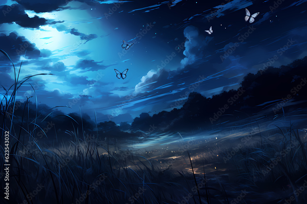 butterfly flying at night beautiful,anime style
