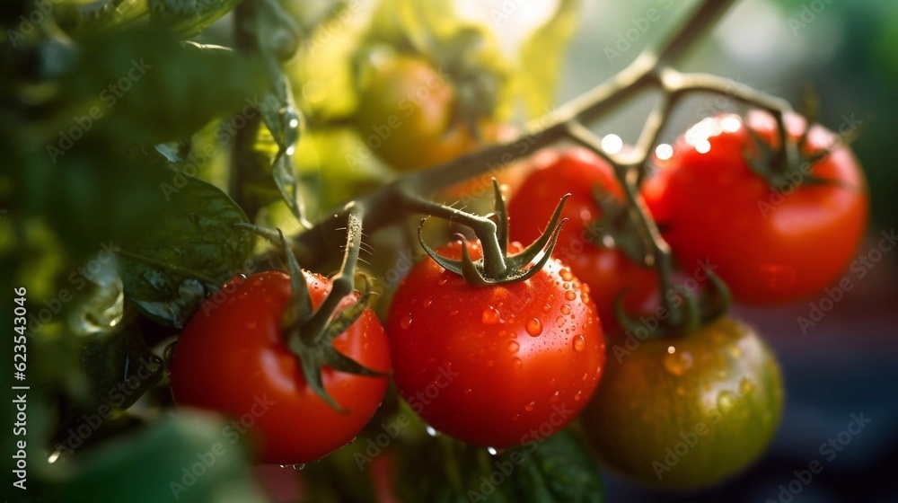 Close up of branch of ripe tomatoes with water drops on plants field background. AI generated