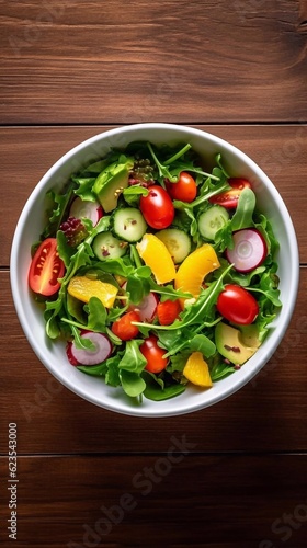 Fresh vegetables salad on wooden background. Top view, AI generated