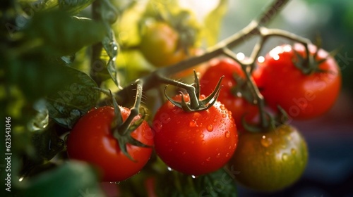 Close up of branch of ripe tomatoes with water drops on plants field background. AI generated
