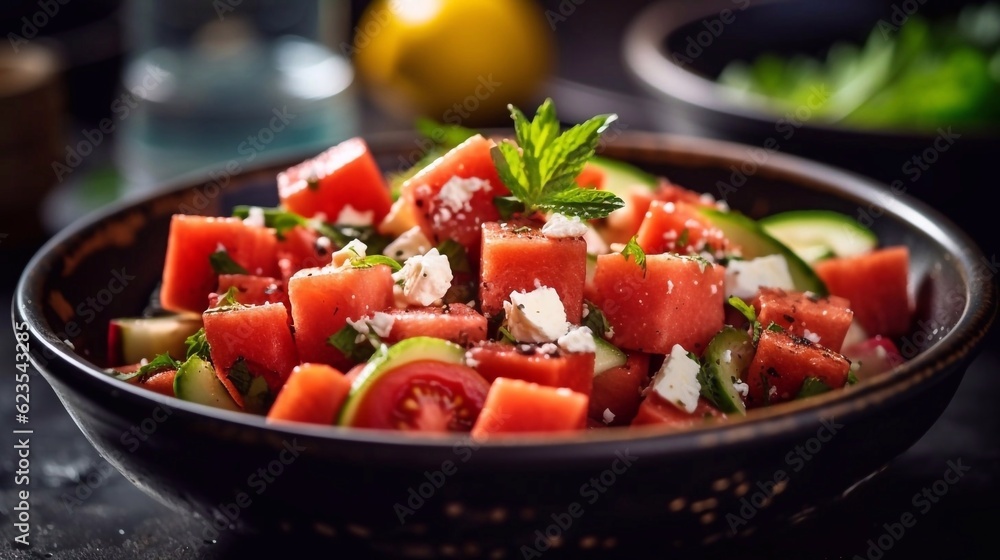  Close up of Watermelon with feta cheese salad on dark background. AI generated