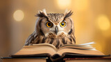 Cute owl teacher with pile of books. Back to school concept. AI generated image.