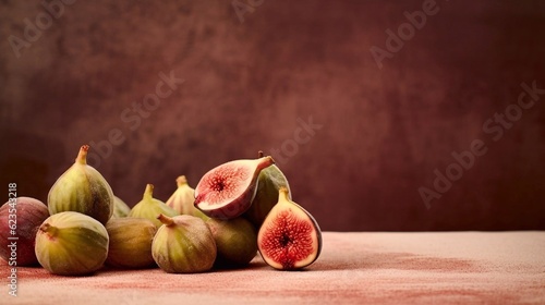 Fresh ripe figs on brown background. AI generated. Copy space