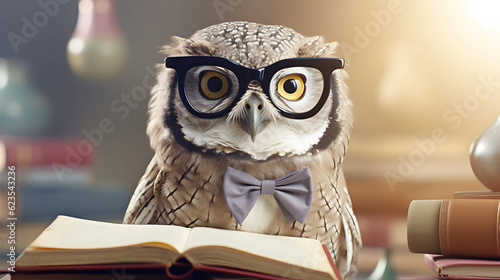Cute owl teacher with pile of books. Back to school concept. AI generated image. © yekaterinalim