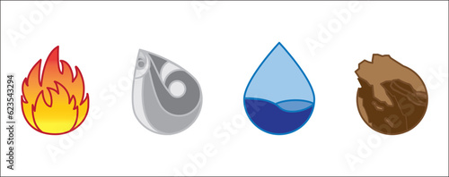 Natural Elements set, Four Natural Elements - Earth, Water, Air and Fire, vector illustration of main natural elements creation art style the middle on white background.