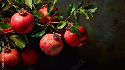 Fresh pomegranates branch on dark background. AI generated