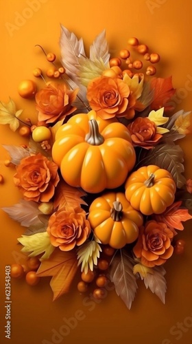 Wallpaper Mural 3d illustration of Pumpkins, autumn leaves and flowers decor on orange background. Thanksgiving or Halloween day banner Festive background. AI generated Torontodigital.ca
