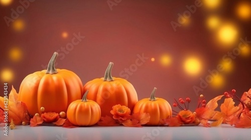 Pumpkins  autumn leaves and flowers decor on orange background. Copy paste space for text. Thanksgiving or Halloween day banner Festive background. AI generated