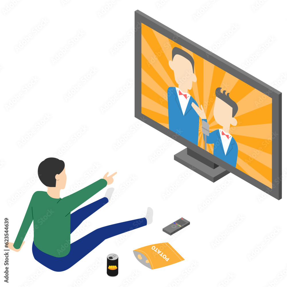 テレビでお笑い番組を見る男性・アイソメトリック テレビでお笑い番組を見る男性・アイソメトリック